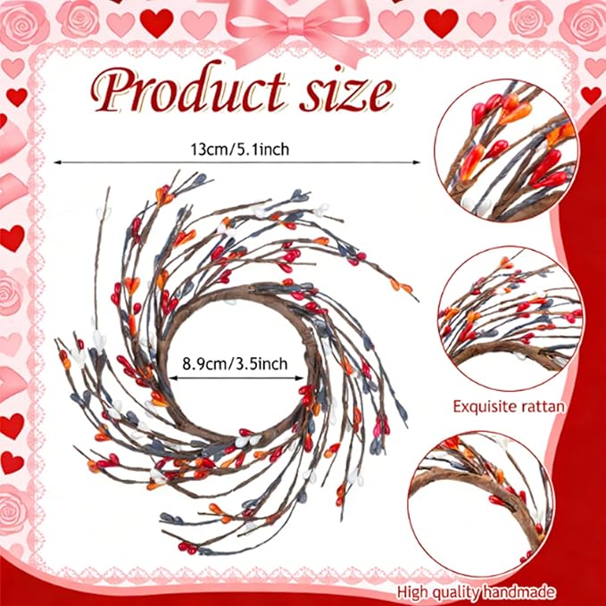 Daifunli 2 Pcs Valentine's Day Primitive Berry Candle Ring 3.9 Inch Rustic Farmhouse Red Berries Candle Ring Wreath for Pillar Candles Holder for Valentine Spring Table Centerpiece Decor