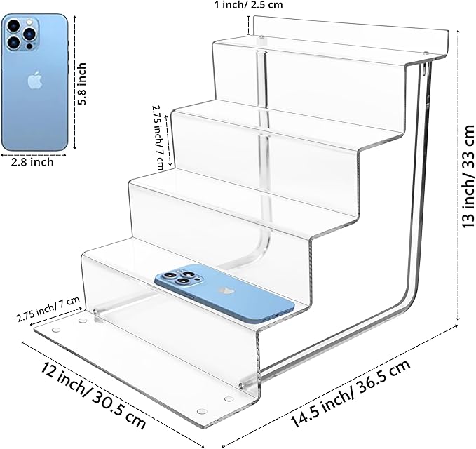 AMT Acrylic Riser Display Stand, 100% Acrylic Clear 5-Tier Organizer for Figures, Cupcake, Perfume, Sunglasses (12 inch x 2.75 inch) 1-pack