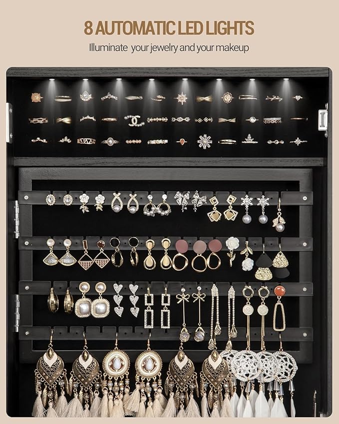 Hzuaneri 8 LEDs Jewelry Cabinet Armoire, 66.9-inch Jewelry Organizer with Garment Rack, Lockable Full-length Mirror with 4 Wheels, Storage Shelves with Hooks, 5-in-1, Black JC17004B
