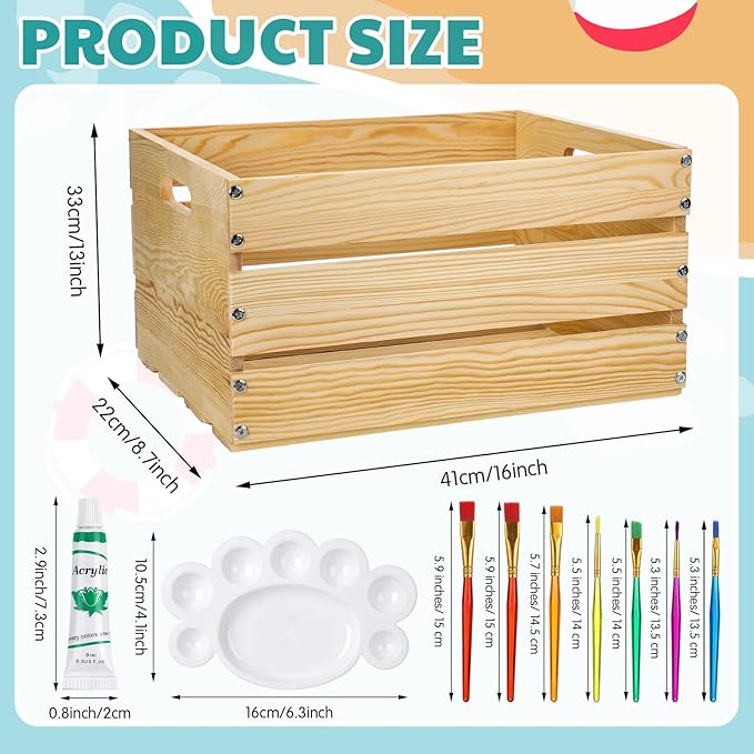 Youyole DIY Summer Bikini Box Large DIY Wood Crate for Crafts Unfinished Wood Crate Box with Paint Set for Storage Display Rustic Farmhouse Beach Party Decor, 16" x 13" x 8.7"