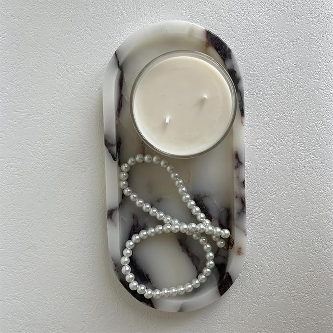 Natural Marble Oval Tray Ornaments Vintage Small Tray Storage Dish for Counter, Vanity, Dresser, Nightstand and Desk (Calacatta Purple)