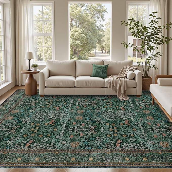 Rugxara 8x10 Area Rugs for Living Room, Large Washable Rug, Green Vintage Floral Boho Rug, Non Slip & Low Pile Faux Wool Thin Carpet for Indoor Dining Room and Bedroom(Dark Green 8x10ft)