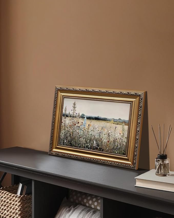 KBKBART Vintage Framed Wall Art for Living Room, French Wildflowers Field Vintage Art Print, Neutral Country Meadow Landscape, Gold Framed, 12''x16''