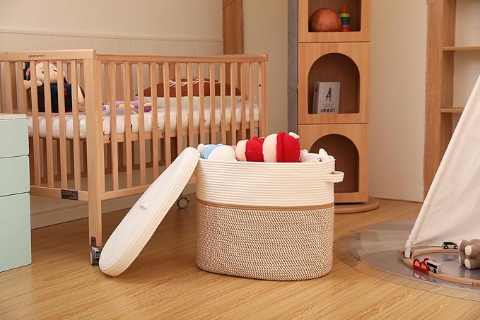 22"x14"x18" Rectangular Extra Large Storage Basket With Lid, Large Cotton Rope Storage Basket, Woven Laundry Hamper, Cloth Storage Bin, for Clothes Towels Blankets in Living Room, White/Camel Mix