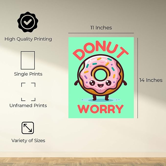InkFlow Posters Donut Worry Poster - Smiling Donut Illustration - Playful Cartoon Food Art - Kids Bedroom Kitchen Playroom Decor - Cheerful Kawaii Style Print - 11x14 Unframed Canvas Print
