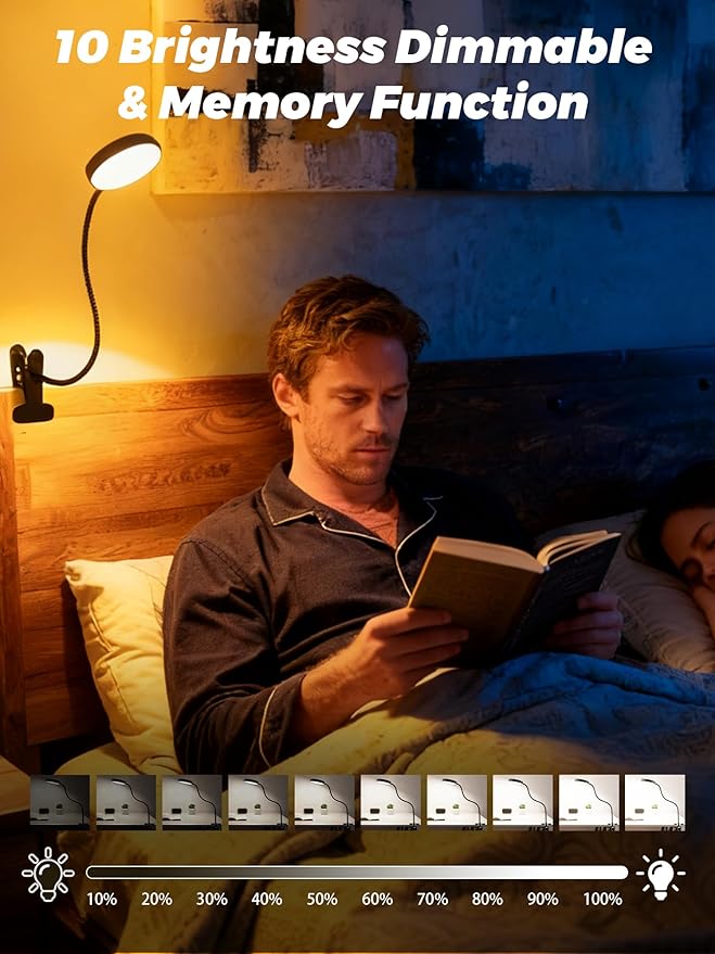Clip on Light,10 Color RGB&Warm White Clip on Lamp + 10 Brightness Dimmable Desk Lamp, 500LM Bright Reading Light, Night Lamp, USB Adapter Desk Light for Bed/Headboard/Bedside