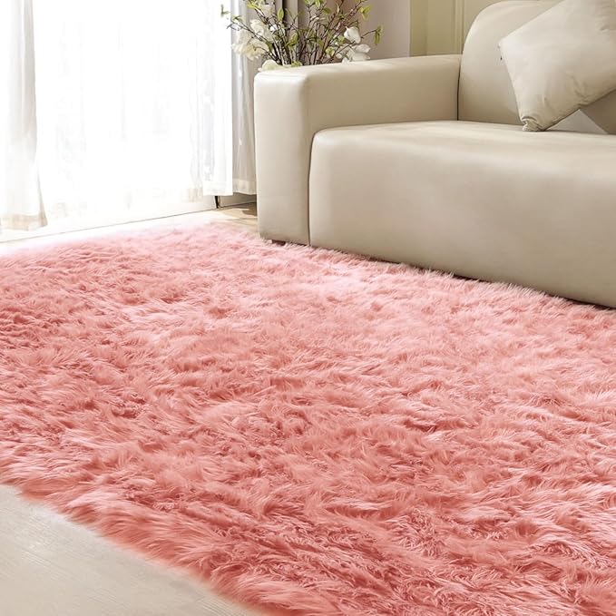 ORINOVA Pink Shag Washable 5x7 Area Rugs for Living Room Big Fluffy Sheepskin Fur Rug for Bedroom Shaggy Nursery Rug