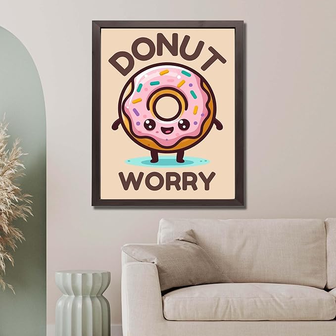 InkFlow Posters Donut Worry Poster - Smiling Donut Illustration - Playful Kawaii Food Art - Kids Bedroom Playroom Kitchen Decor - Cheerful Cartoon Wall Print - 11x14 Unframed Canvas Print