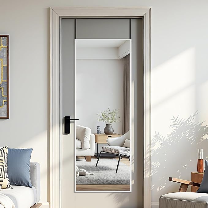 Antok Over The Door Mirror Full Length, 49'' x 14''Wall Mounted Hanging Mirror, Aluminum Alloy Frame, Shatterproof Glass, No Drill Installation for Bedroom, Closet, Bathroom, Dorm, Rect Corner,White