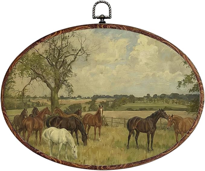 Vintage Horse Oval Framed Wall Art, Nature Landscape Picture Canvas Art Painting Wall Decor, Rustic Cottagecore Hanging Decor Print Artwork for Home Bathroom Living Room Bedroom Farmhouse 12X8.3