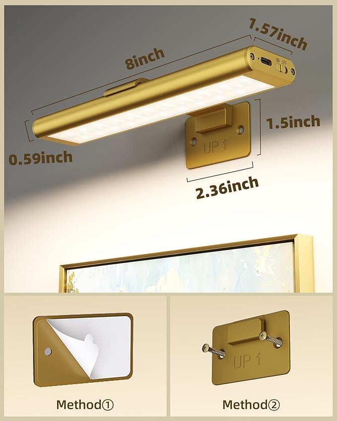 EZVALO Picture Light for Wall, Rechargeable 2400mAh Battery Lights Wireless with IR Remote, 3 Color & Dimmable Magnetic 7.87'' LED Lights Display for Painting, Living Room, Gallery, Bedroom(Gold-2P)