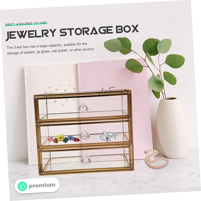 3-Tier Drawer Jewelry Storage Box Glass Organizer Alloy Frame for Necklaces Bracelets Earrings and Cosmetics for Home or Travel