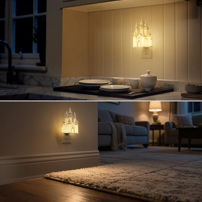 DORESshop Night Lights Plug into Wall,3D Printed Castle Night Light, 3000K Soft White NightLight, 3 Level Brightness Adjustable Dimmable Nightlights with Dusk to Dawn Sensor for Bathroom Hallway