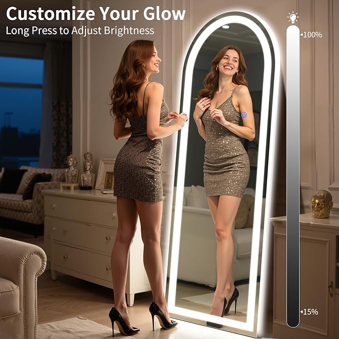 Arch Full Length Standing Mirror with LED Lights, 63"x20" Lighted Mirror with Dimming & 3 Color Lighting, Tall Mirror Full Body for Bedroom, Dressing Room