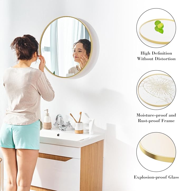 NEWBULIG Gold Round Wall Mirror 24 Inch, Bathroom Mirrors for Over Sink, Wall Decor for Bathroom, Entryway, Bedroom, Vanity