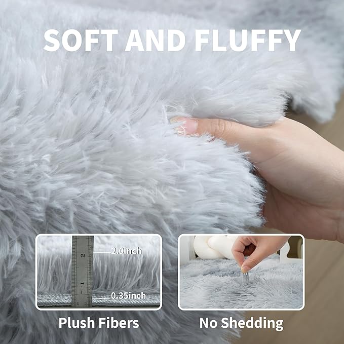 KICHOWUA 4x6 Light Grey Fluffy Shag Area Rug for Bedroom, Ultra Soft Fuzzy Plush Washable Carpet for Living Room, Modern Cozy Non Skid Furry Shaggy Rug for Kids Baby Boys Nursery Dorm,Tie-Dye Gray