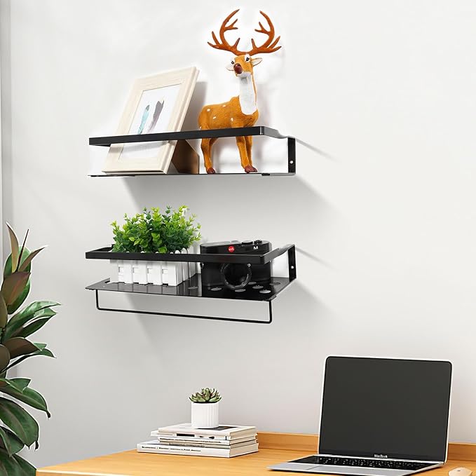 Uten Floating Shelves, Wall Mounted Iron Shelves Set of 2, Bathroom Storage Iron Shelves with Towel Rack, Wall Hanging Organizer Decor Shelf for Bathroom, Kitchen, Bedroom, Living Room
