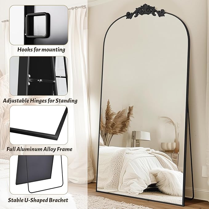 Vintage Full Length Mirror,78"x38" Arched Antique Floor Mirror with Carved Metal Frame,Large Standing Wall Mounted or Leaning Mirror for Bedroom Living Room Entryway,Black