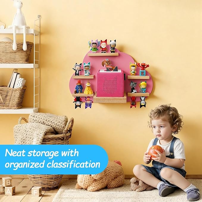 Cloud Toines Shelf, for TonieBox 1 and 2 Tonies Wall Floating Shelf Storage for 12-20 Toine Figures Characters Wall Shelf Magnetic for Tonies Toniebox, Charging Station, Kids Play Room (Pink 2)