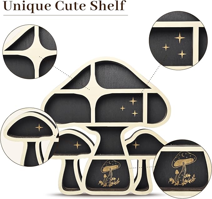 Wooden Mushroom Floating Shelves, Crystal Display Shelf for Wall, Cute Mushroom Wall Decor, Rock Gem Stone Storage Organizer, Essential Oil Holder Hanging Case, Meditation Art Spiritual Gift