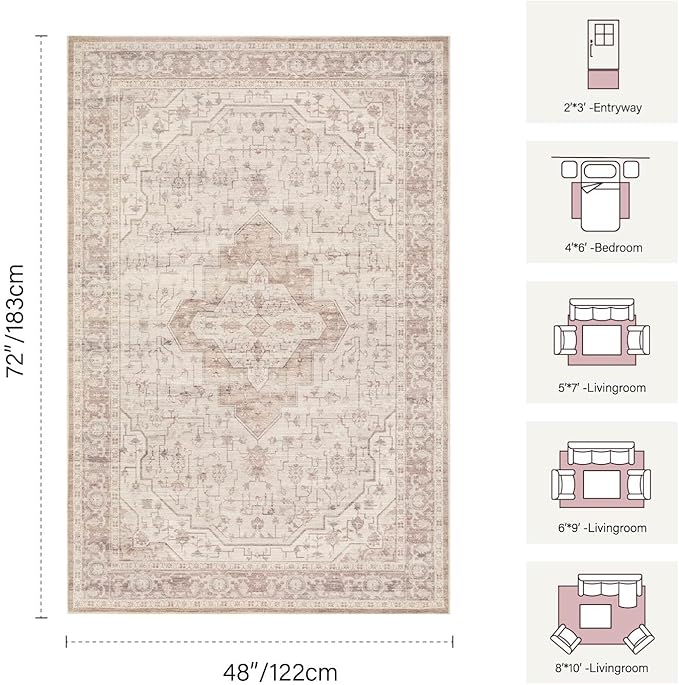 Rugxara Washable Area Rug for Living Room & Bedroom, Soft Pink Rugs for Girls Women, Non Slip, Durable Low Pile Carpet, Vintage Carpets for Office, Dining Room, Kids Room and Farmhouse(4x6ft)