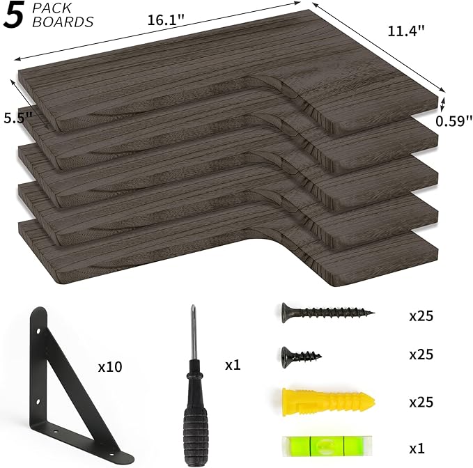Fixwal Floating Shelves for Wall, Rustic Wood Wall Mounted Corner Shelf for Bathroom, Kitchen, Bedroom, Home Decor, Laundry Room, Living Room, Set of 5 (Weathered Grey)