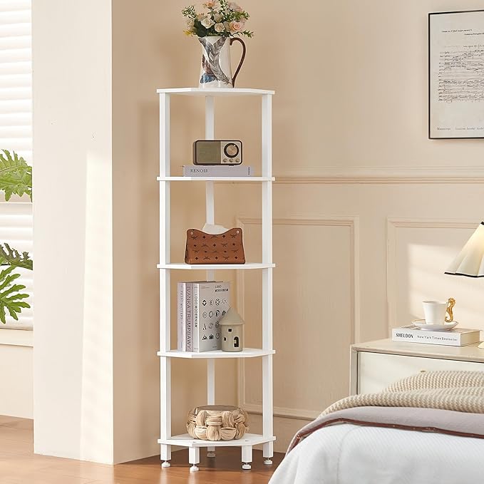 YUFAM 5-Tier Corner Shelf with Sturdy 5-Leg Base, 52in Tall Narrow Bookcase for Small Spaces, Wooden Plant Display Shelf, Thin Bookshelf for Living Room, Bedroom, Office, White