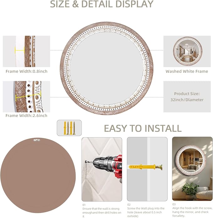 Reflinto 30 Inch Rustic Farmhouse Round Wood Mirror Wall Decor, Boho Circle Decorative Mirrors for Bathroom Over Sink, Bedroom, Living Room, Entryway, Foyer