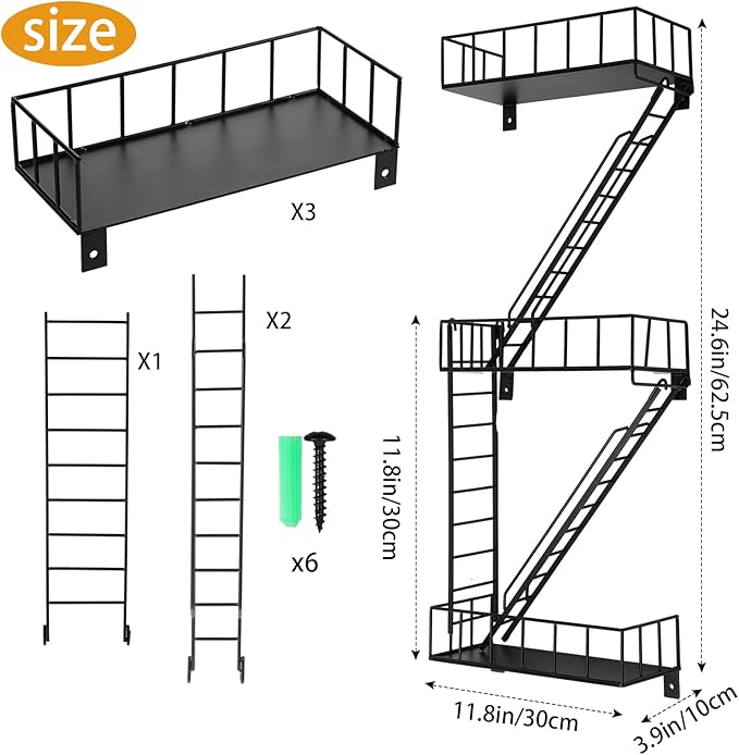 Zonon Fire Escape Wall Shelf Hanging Metal Ladder Shelves Wall Decor Cool Bookshelf Organizer Floating Shelves Action Figure Shelf for Home Bedroom Storage Display(Black,3 Tier)