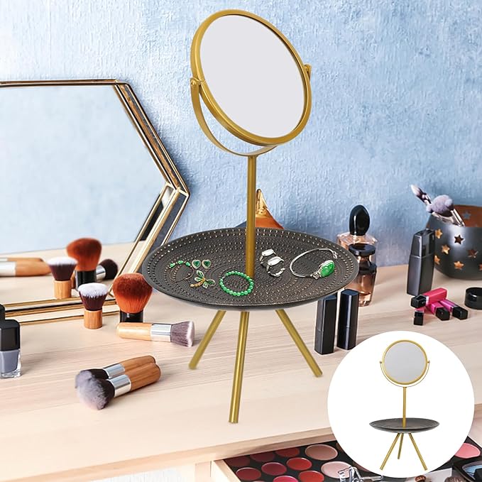 CLISPEED Makeup Mirror with Jewelry Tray Rotatable Tabletop Mirror for Bedroom, Gold Finish Vanity Cosmetic Organizer for Women