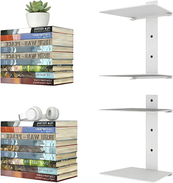 Invisible Floating Bookshelves 4 Tier, Heavy Duty Metal Book Organizer for Wall, 2 Pack (White)