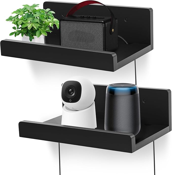 Floating Wall Shelves Set of 2, 12-Inch Solid Wood Shelves with Cable Holes, Small Display Shelf for Router, Webcam, Smart Speaker, Camera – Black