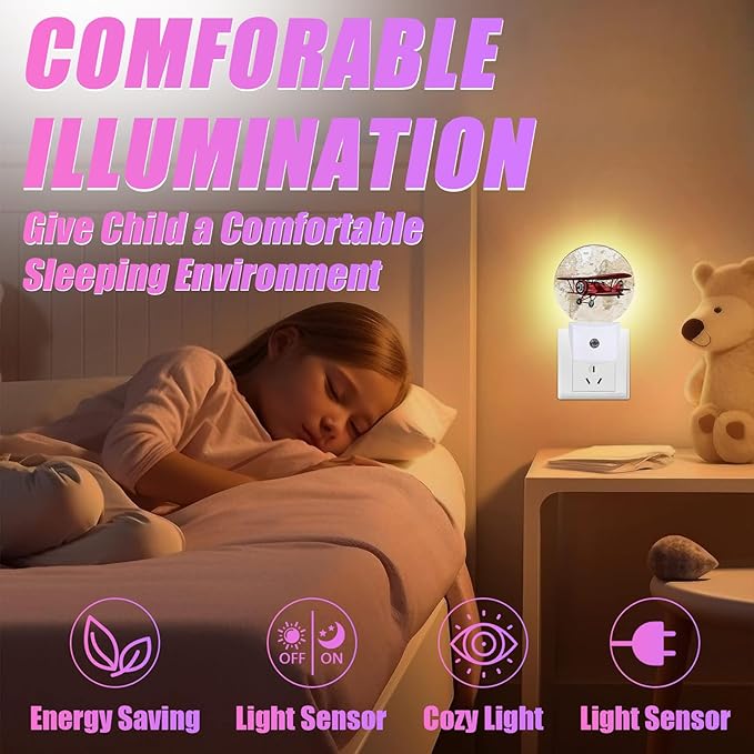Vintage Airplane Night Light World Map Night Lights LED Lamp Round Plug into Wall Nightlight with Dusk to Dawn Sensor Home Hallway Stairway Kitchen Decor