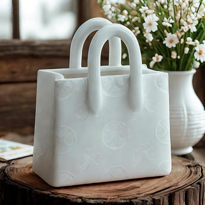 Handbag Shaped Ceramic Vase – White Small Decorative Vase with Clover Pattern, 5.9" L x 2.95" W x 7.08" H, Multi-Use for Flowers, Makeup Brushes & Pens, Elegant Gift for Women, Home & Wedding Decor
