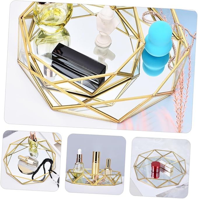 PRETYZOOM Geometric Mirror Glass Tray for Jewelry Storage Decorative Makeup Organizer Perfume Tray