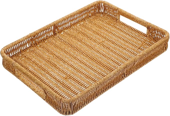 Woven Rattan Storage Basket Tray for Coffee Table Makeup Organizer Rectangular Design Suitable for Bathroom and Living Room Decor