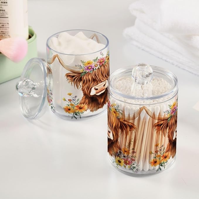 4 Pack Qtip Holder Dispenser Adorable Highland Cow Florals Cotton Ball Swab Round Pads Floss Clear Bathroom Storage Containers Plastic Apothecary Jars with Lids