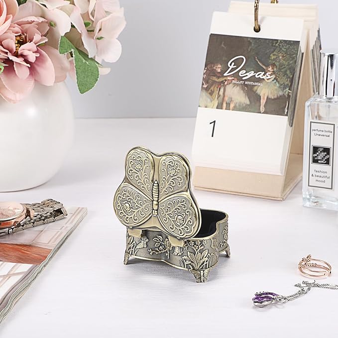 Hipiwe Butterfly Shape Jewelry Organizer Box Vintage Metal Jewelry Trinket Box Small Treasure Chest Ring Holder Earrings Necklace Storage Box Keepsake Box, Bronze