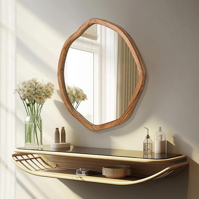 ULIKE Round Wood Mirror, 30 Inch Irregular Circle Vanity Wall Mirror with Wooden Frame, Rustic Decorative Wall Mount for Bathroom Bedroom Living Room Entryway, Rustic Brown