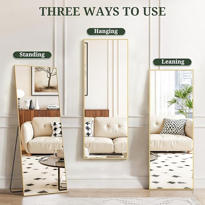 Mirror Full Length 59"x16" Full Body Floor Mirror with Stand, Shatterproof Glass, Aluminum Alloy Frame, Free Standing Wall Mounted or Leaning Rectangle Mirrors for Bedroom Living Room Entryway