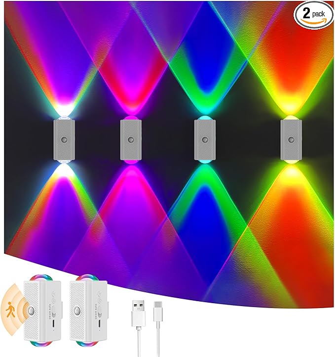 easuntec Motion Sensor Rechargeable Night Light Color Changing, 8 Colors Sunset Projector Lamp, Magnetic Stick-on Wireless Sunset Lamp for Room Decor,USB-C Dimming & No Drill Installation（RGB,2 Pack）