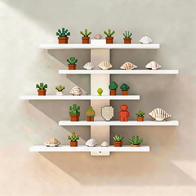 No Drill Floating Shelf for Wall, 5-Tier Wall Mounted Organizer, Damage-Free Display Shelf for Collectibles, Figures, Bathroom Kitchen Storage, White