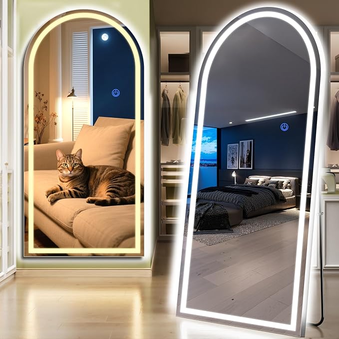 Arch Full Length Standing Mirror with LED Lights, 71"x32" Lighted Mirror with Dimming & 3 Color Lighting, Tall Mirror Full Body for Bedroom, Dressing Room