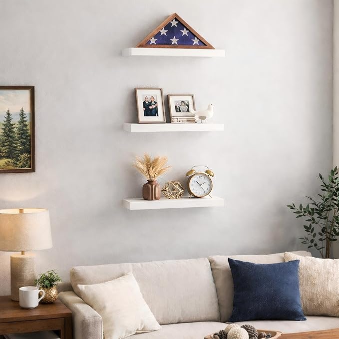 BAYKA White Floating Shelves for Wall Set of 3, Rustic Wood Wall Shelves with Metal Brackets for Bathroom, Bedroom, Kitchen, or Living Room Decor Organization, Sturdy Storage with 22lb Capacity