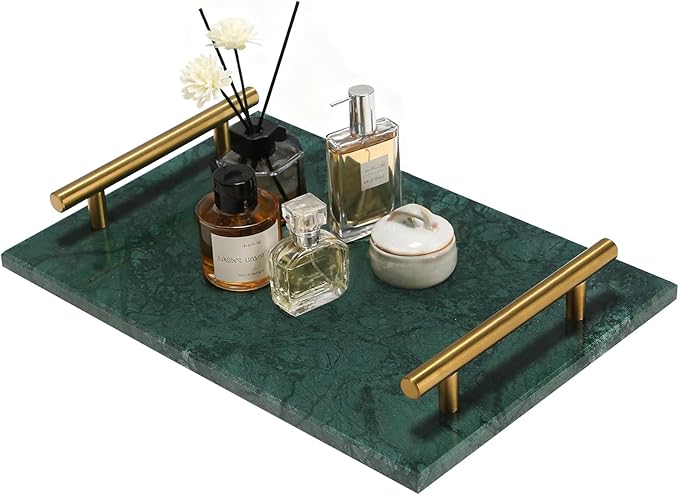 MAOPINER Marble Stone Decorative Perfume Tray with Copper Color Metal Handles, Handmade Jewellery Catchall Trinket Tray for Counter, Vanity, Dresser, Nightstand and Desk (Green)