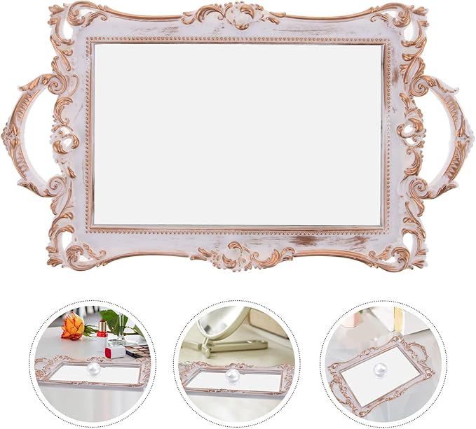 OUNONA Vintage Gold Mirror Surface Decorative Vanity Tray for Perfume and Jewelry Organizer, Plastic Retro Jewelry and Makeup Storage Tray for Home Decor and Photography Props