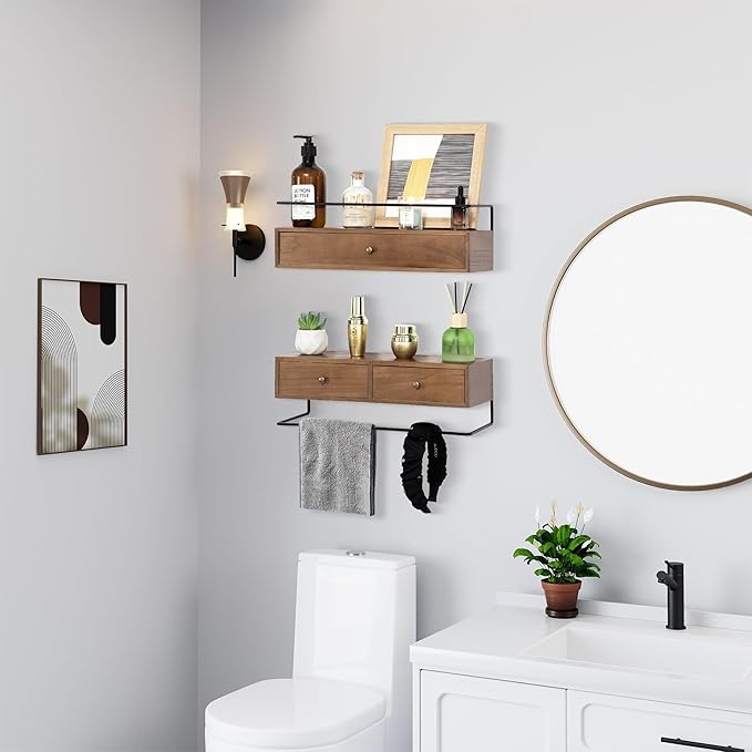 Floating Shelves for Wall Storage, Wall Mounted Bathroom Shelf with Drawers Set of 2, Rustic Wood Floating Drawers for Living Room, Kitchen, Home Decor, Plants, Books