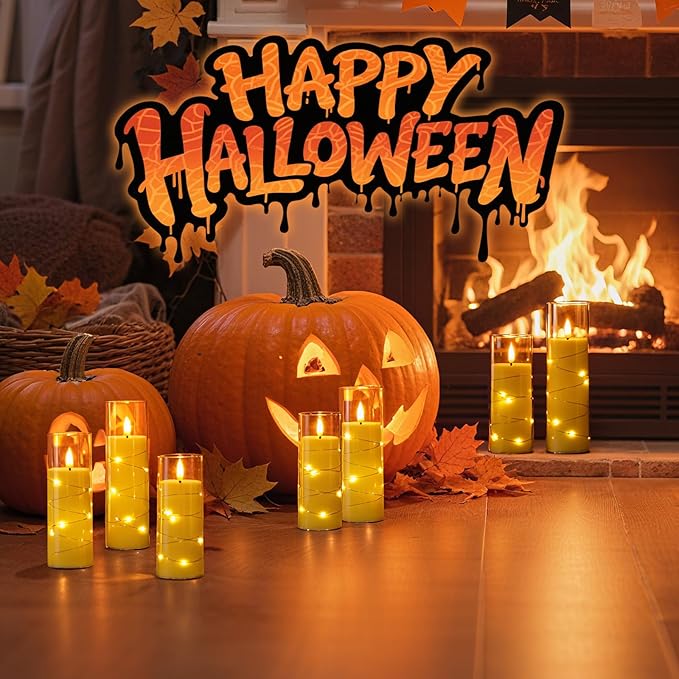 Raycare Flameless Candle with Remote Timer – 9 Flickering Acrylic Battery Operated LED Pillar Candles with Embedded Star String for Christmas, Home Decor, and as a Gift(Glod)
