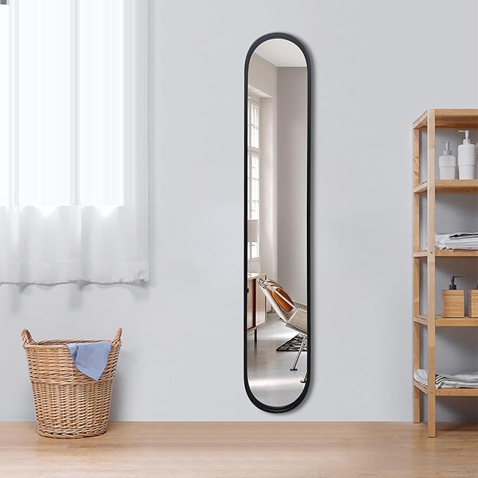 OUSHUAI Black Full Length Oval Mirror, 1-Pack Narrow Capsule Long Mirrors with Metal Frame for Entryway,Hallway,Living Room