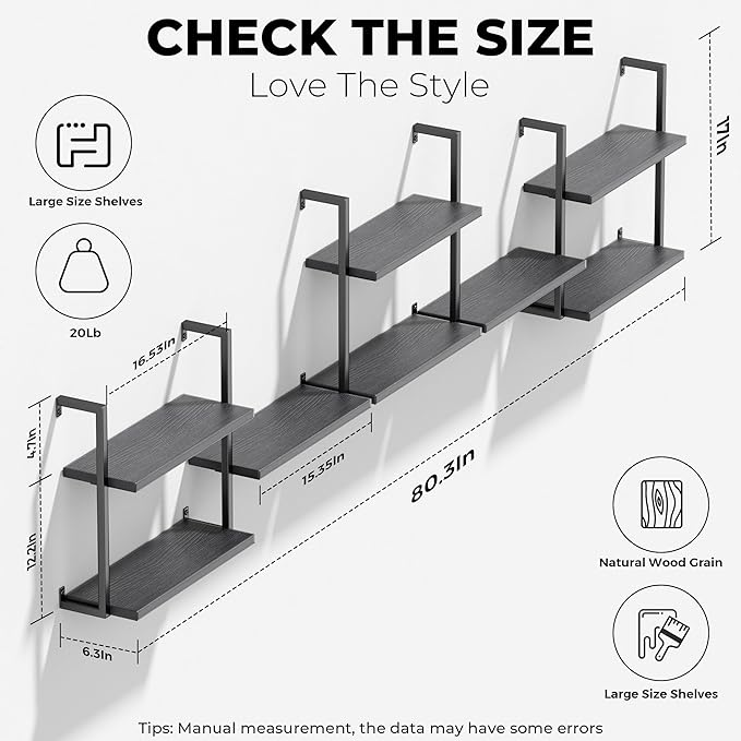 Wall Mounted Bookshelves, 80″ Floating Shelves for Wall, 8-Tier Wooden Hanging Bookshelf, Easy Installation Book Organizer for Home Office, Living Room, and Bedroom